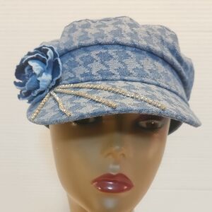 Blue Denim Houndstooth Cap with Flower Accent